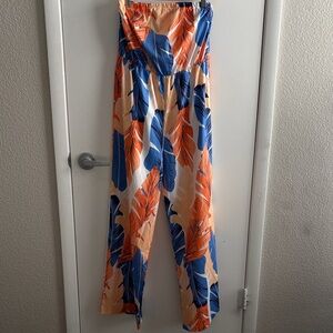 SHEIN Orange and Blue Leaf Print Stapless Flirty Jumpsuit SZ L